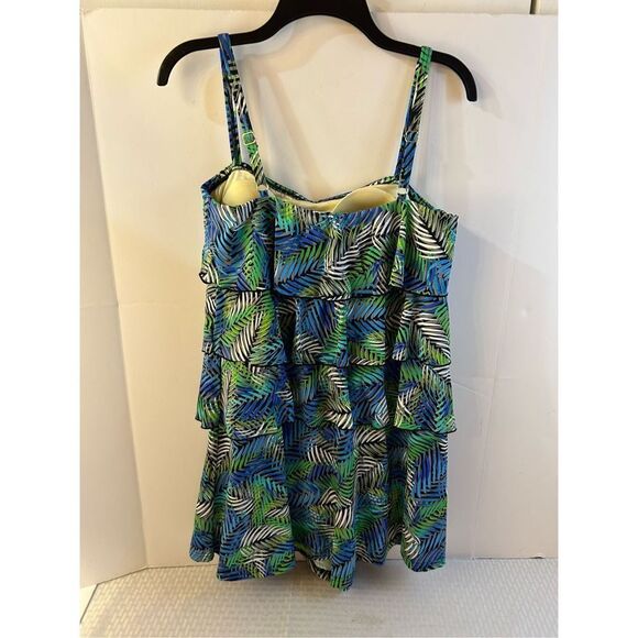 Fit 4 U Slimming Bathing suit romper shorts size 14 blue green ruffles 1 piece - Picture 2 of 9
